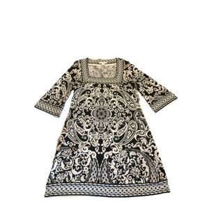White House Black Market Square Neck Black and White Damask Dress‎ - Medium